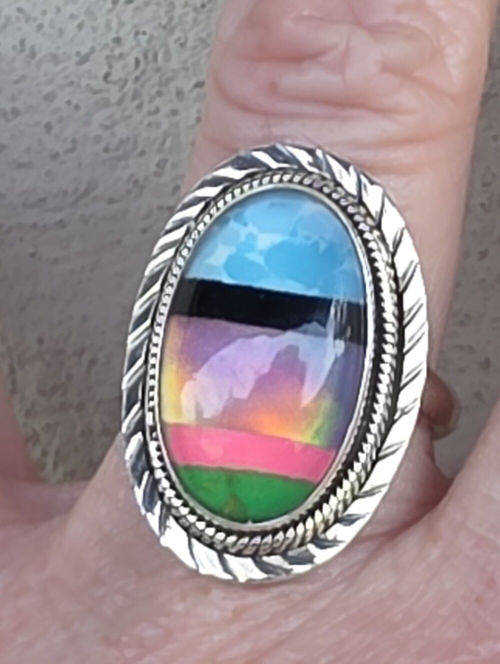 Aurora Opal w/ Onyx & Turquoise Gemstone Ring in 925 Sterling Silver -Adjustable